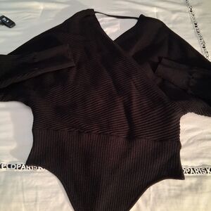 Black Ribbed Knit Bodysuit Sweater